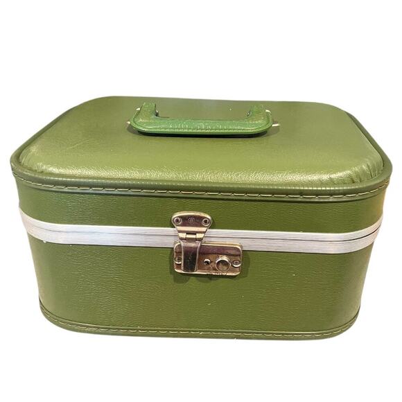 Vintage Original Train Case Suitcase Travel Olive Green Retro 60s Carry On Plane - Picture 4 of 11